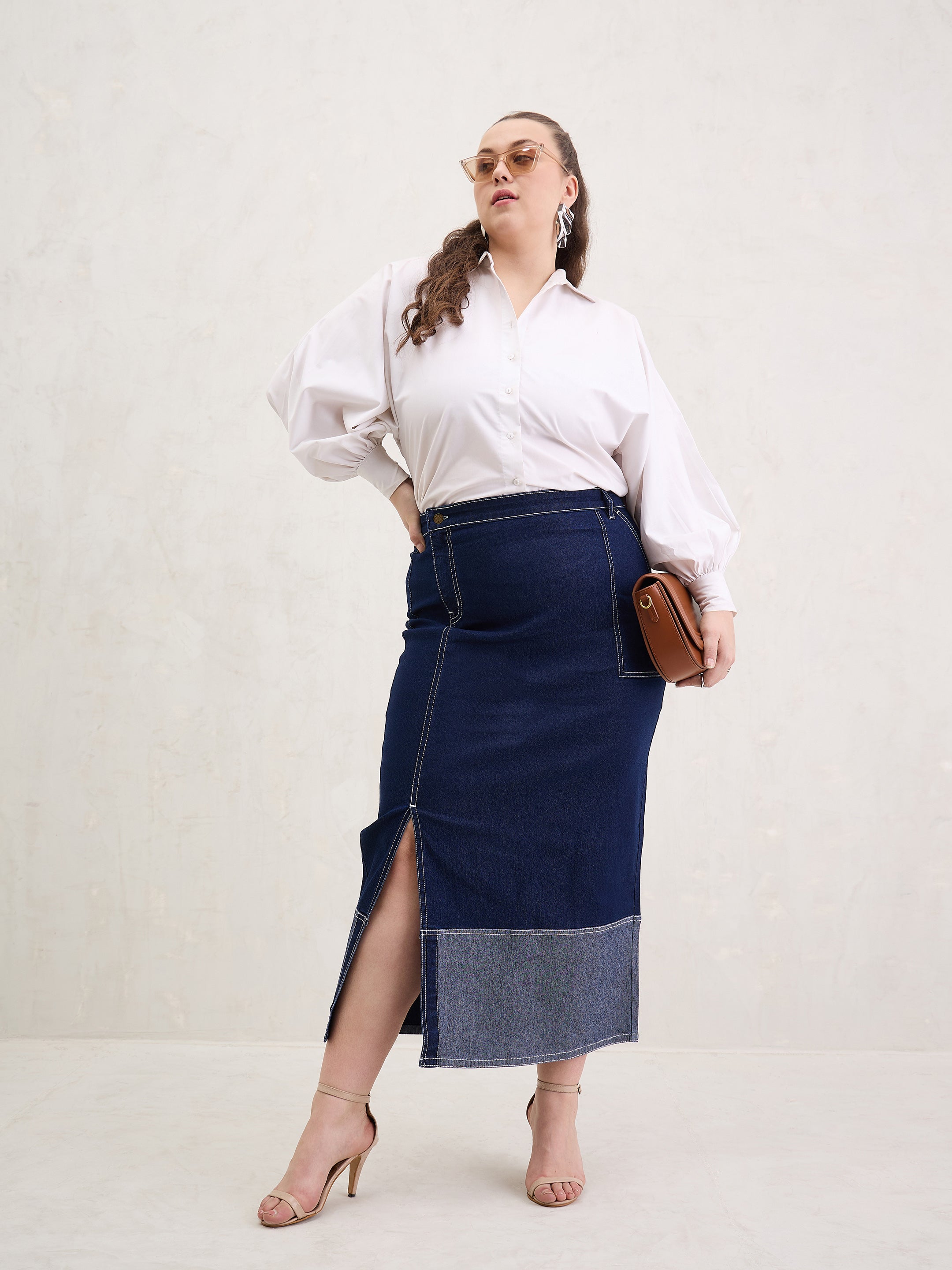 Women Navy Denim Side Slit Skirt-SFSKRT30538