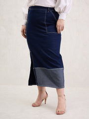 Women Navy Denim Side Slit Skirt-SFSKRT30538