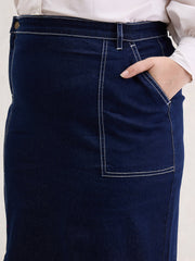 Women Navy Denim Side Slit Skirt-SFSKRT30538