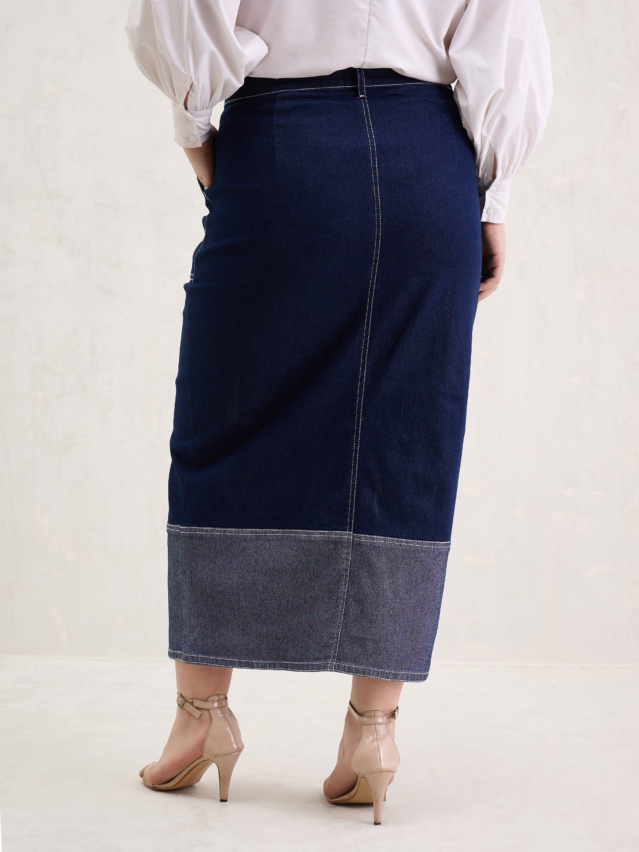 Women Navy Denim Side Slit Skirt-SFSKRT30538