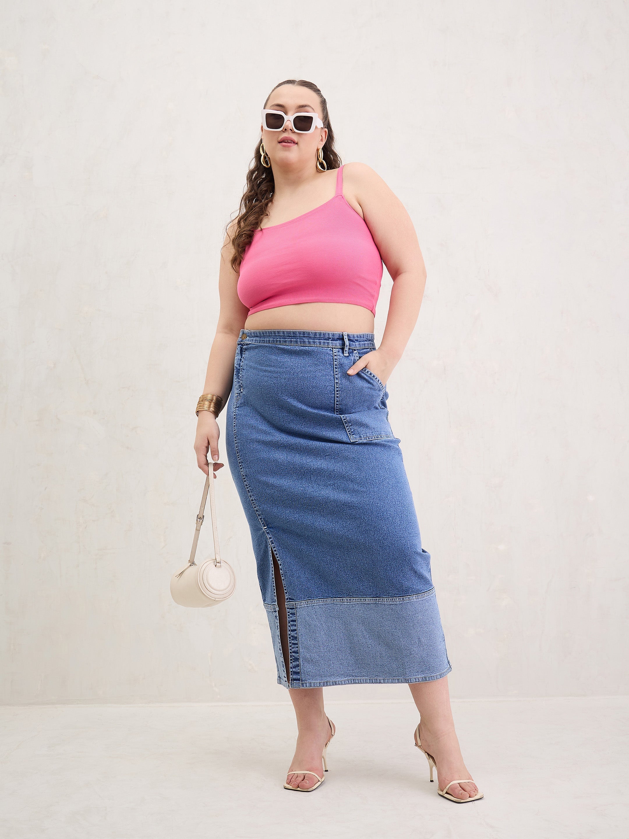 Women Ice Blue Denim Side Slit Skirt-SFSKRT30539