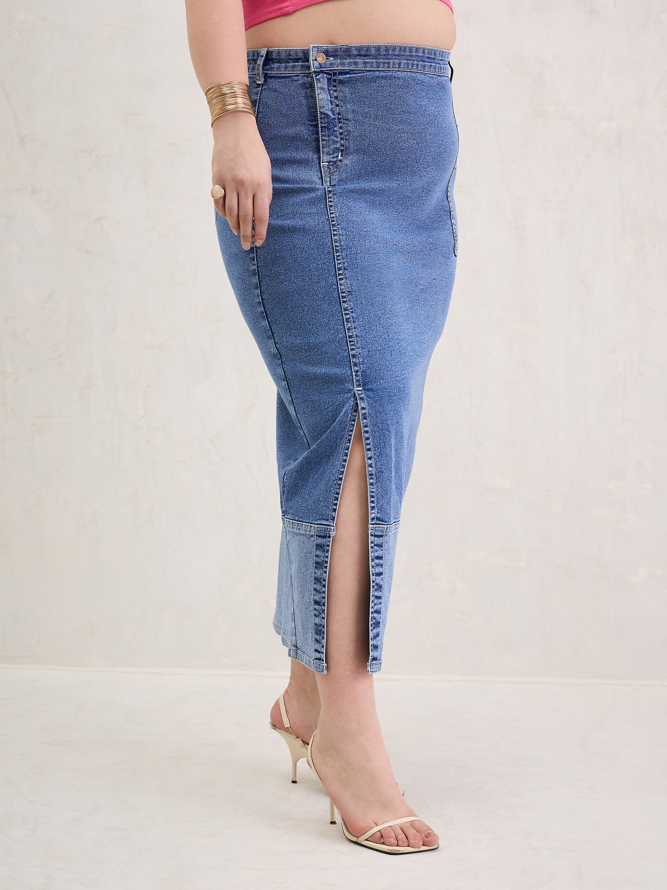 Women Ice Blue Denim Side Slit Skirt-SFSKRT30539