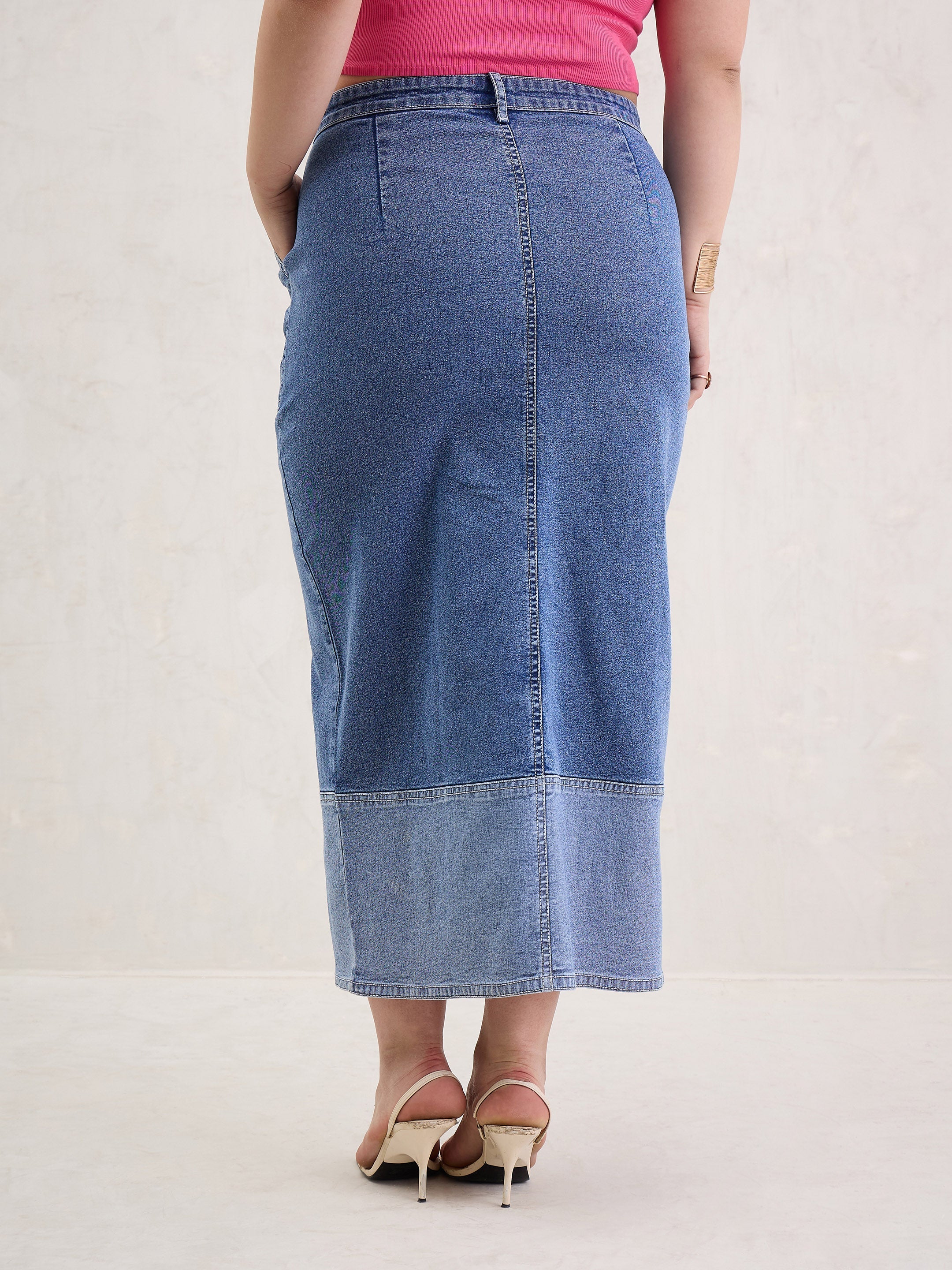 Women Ice Blue Denim Side Slit Skirt-SFSKRT30539