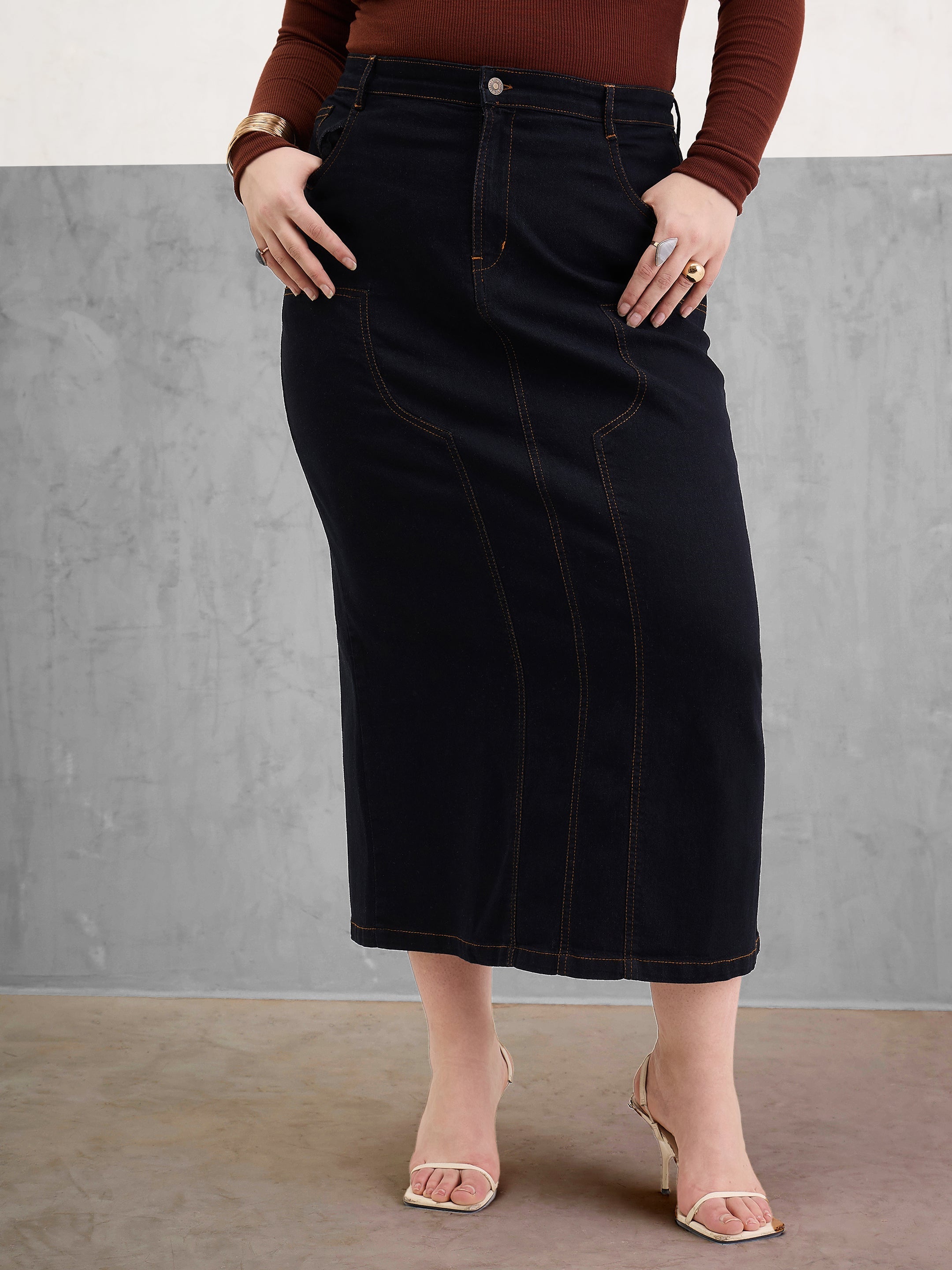Women Black Denim Front Patch Midi Skirt-SFSKRT30540