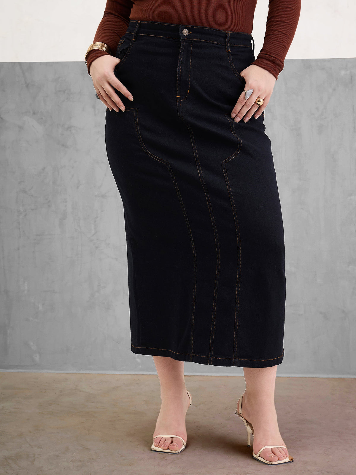 Women Black Denim Front Patch Midi Skirt-SFSKRT30540