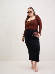 Women Black Denim Front Patch Midi Skirt-SFSKRT30540