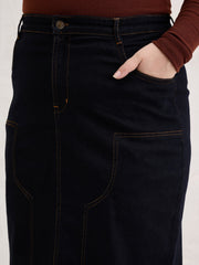 Women Black Denim Front Patch Midi Skirt-SFSKRT30540