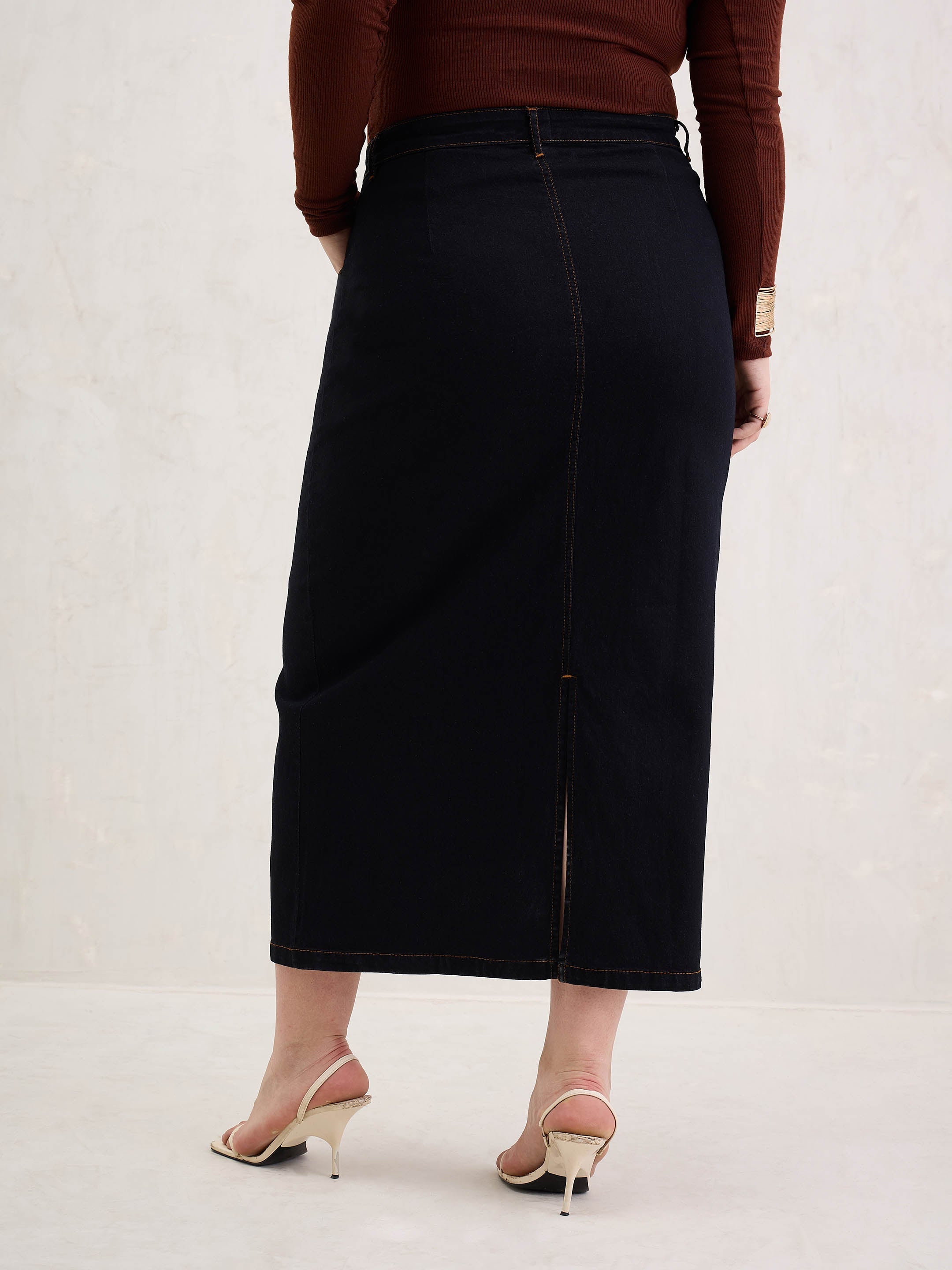 Women Black Denim Front Patch Midi Skirt-SFSKRT30540