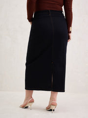 Women Black Denim Front Patch Midi Skirt-SFSKRT30540