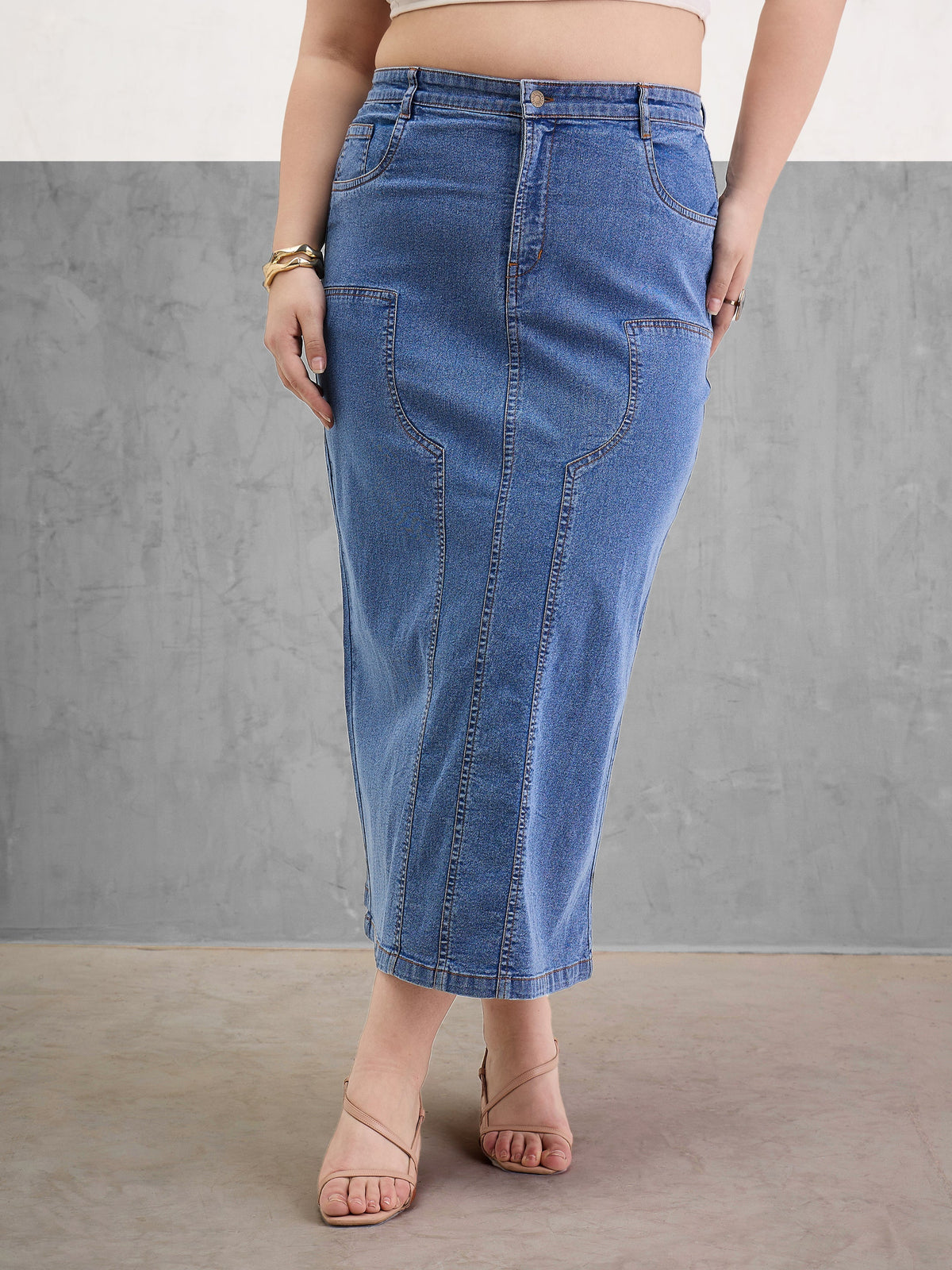Women Blue Blast Denim Front Patch Midi Skirt-SFSKRT30541