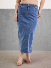 Women Blue Blast Denim Front Patch Midi Skirt-SFSKRT30541