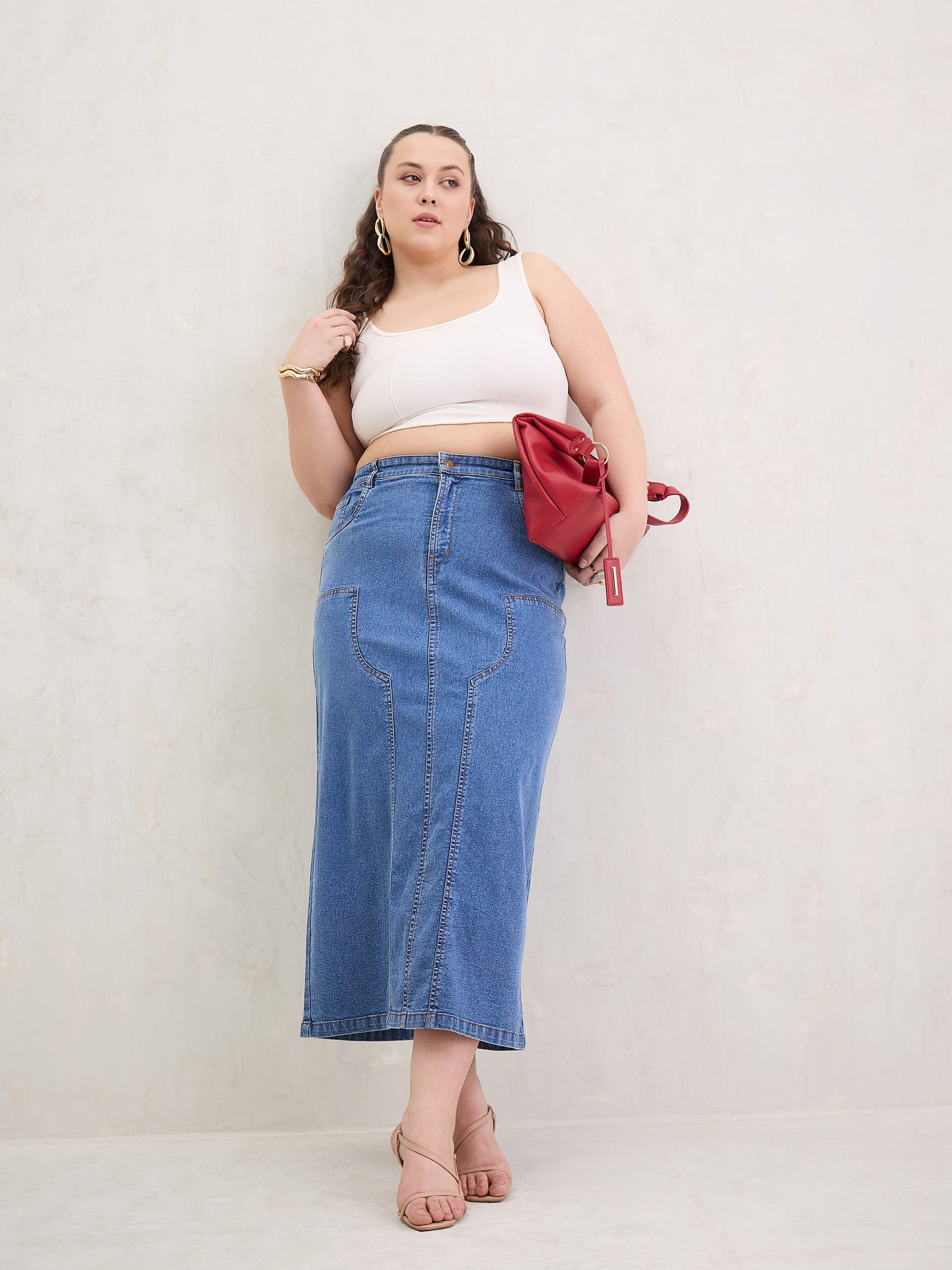 Women Blue Blast Denim Front Patch Midi Skirt-SFSKRT30541