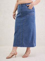Women Blue Blast Denim Front Patch Midi Skirt-SFSKRT30541