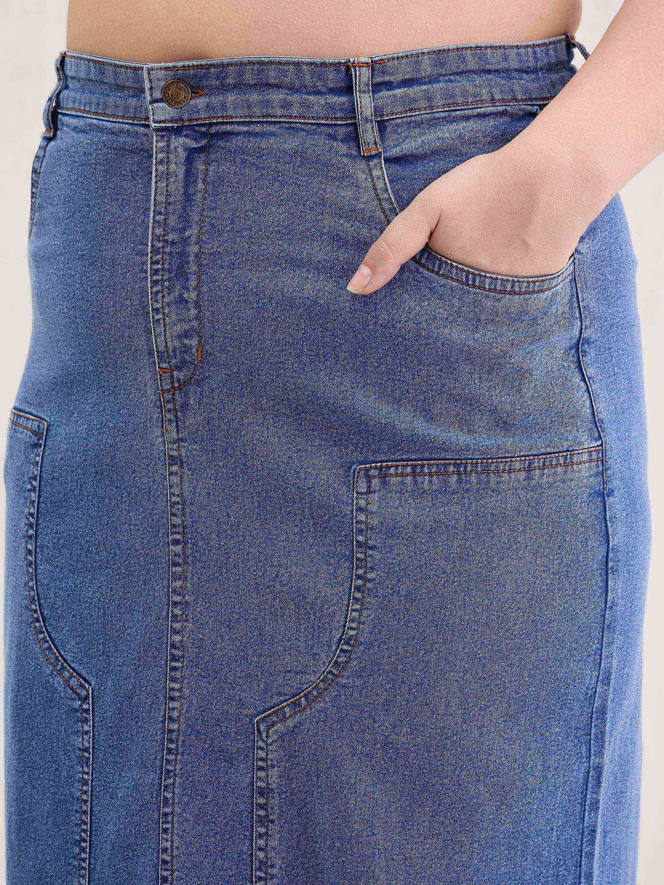 Women Blue Blast Denim Front Patch Midi Skirt-SFSKRT30541