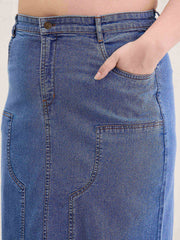 Women Blue Blast Denim Front Patch Midi Skirt-SFSKRT30541