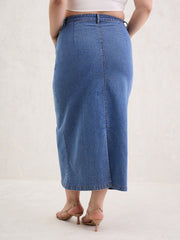 Women Blue Blast Denim Front Patch Midi Skirt-SFSKRT30541
