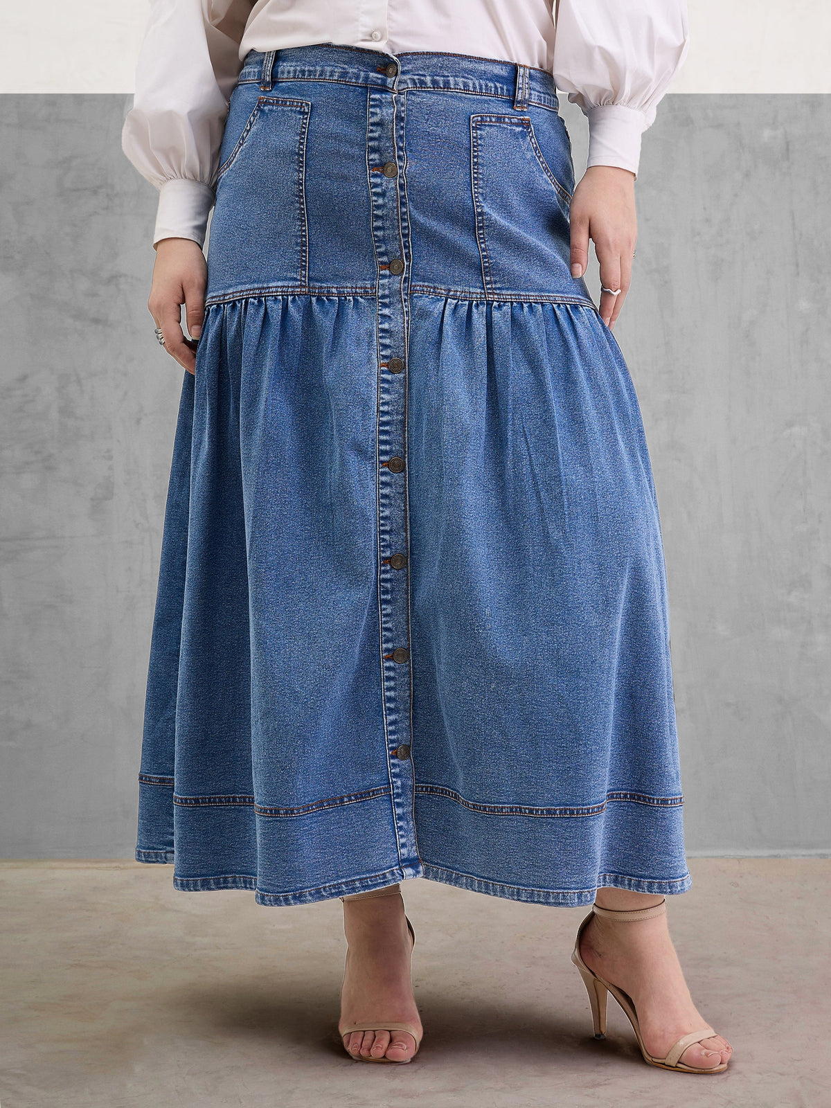 Women Ice Blue Denim Front Button Maxi Skirt-SFSKRT30542