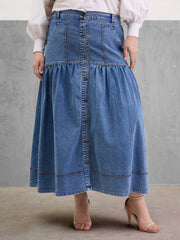Women Ice Blue Denim Front Button Maxi Skirt-SFSKRT30542