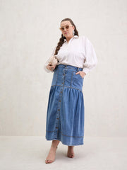 Women Ice Blue Denim Front Button Maxi Skirt-SFSKRT30542
