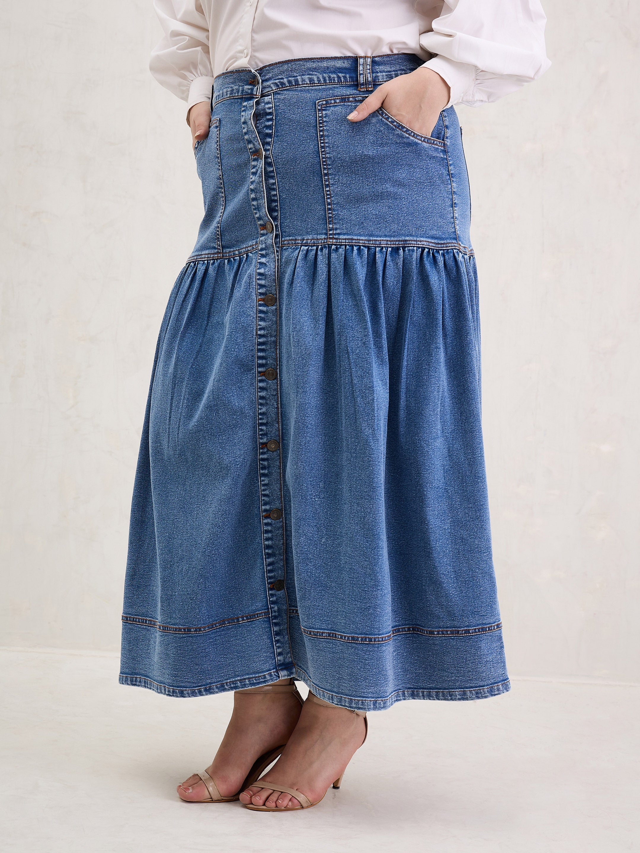 Women Ice Blue Denim Front Button Maxi Skirt-SFSKRT30542