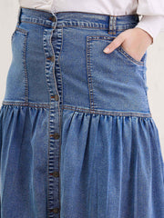 Women Ice Blue Denim Front Button Maxi Skirt-SFSKRT30542