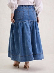 Women Ice Blue Denim Front Button Maxi Skirt-SFSKRT30542