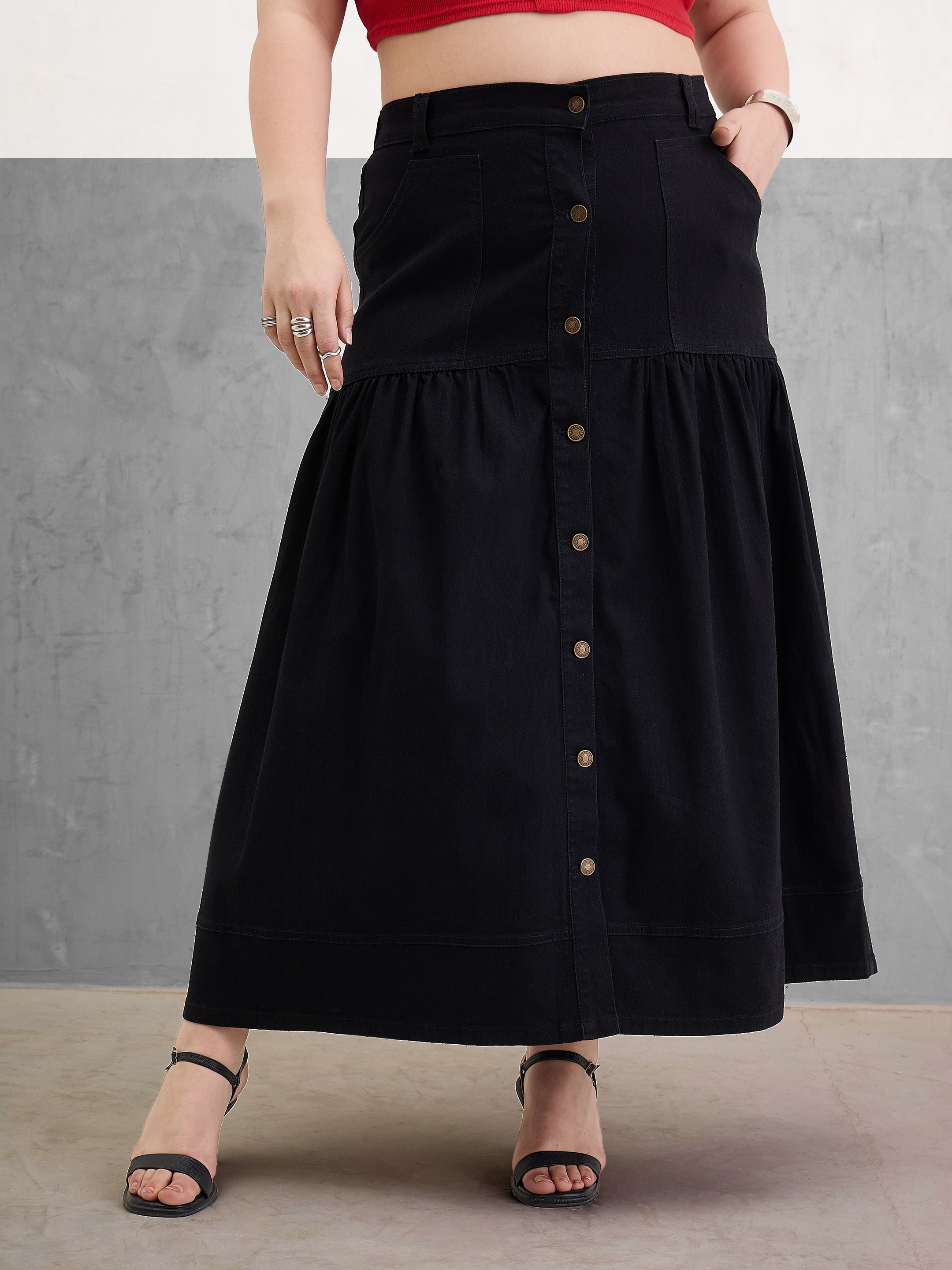 Women Black Denim Front Button Maxi Skirt-SFSKRT30543