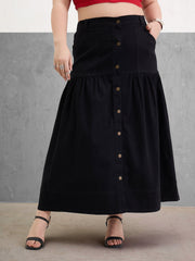 Women Black Denim Front Button Maxi Skirt-SFSKRT30543