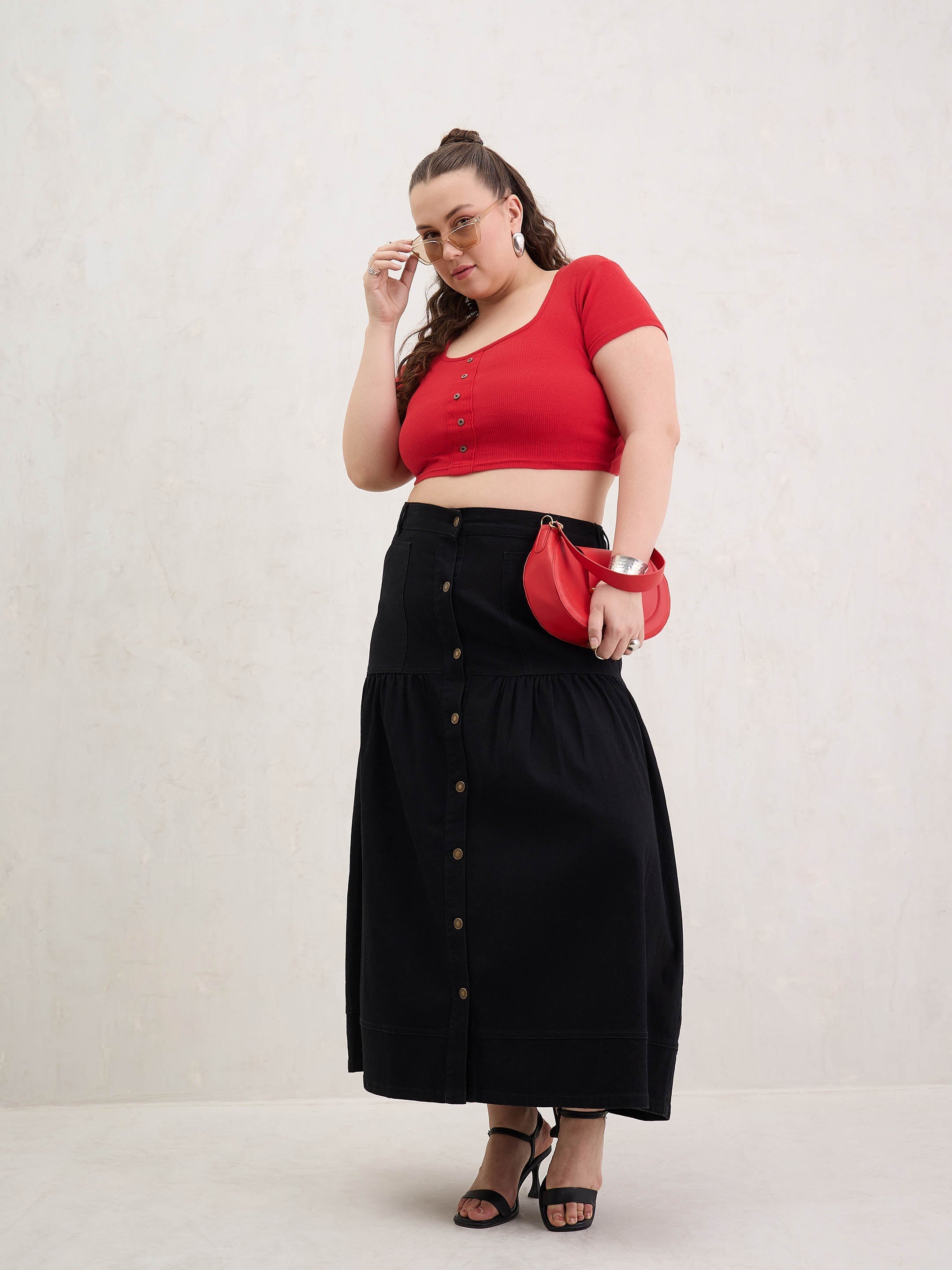 Women Black Denim Front Button Maxi Skirt-SFSKRT30543