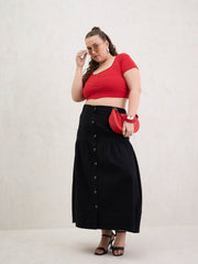 Women Black Denim Front Button Maxi Skirt-SFSKRT30543