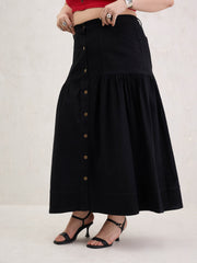 Women Black Denim Front Button Maxi Skirt-SFSKRT30543