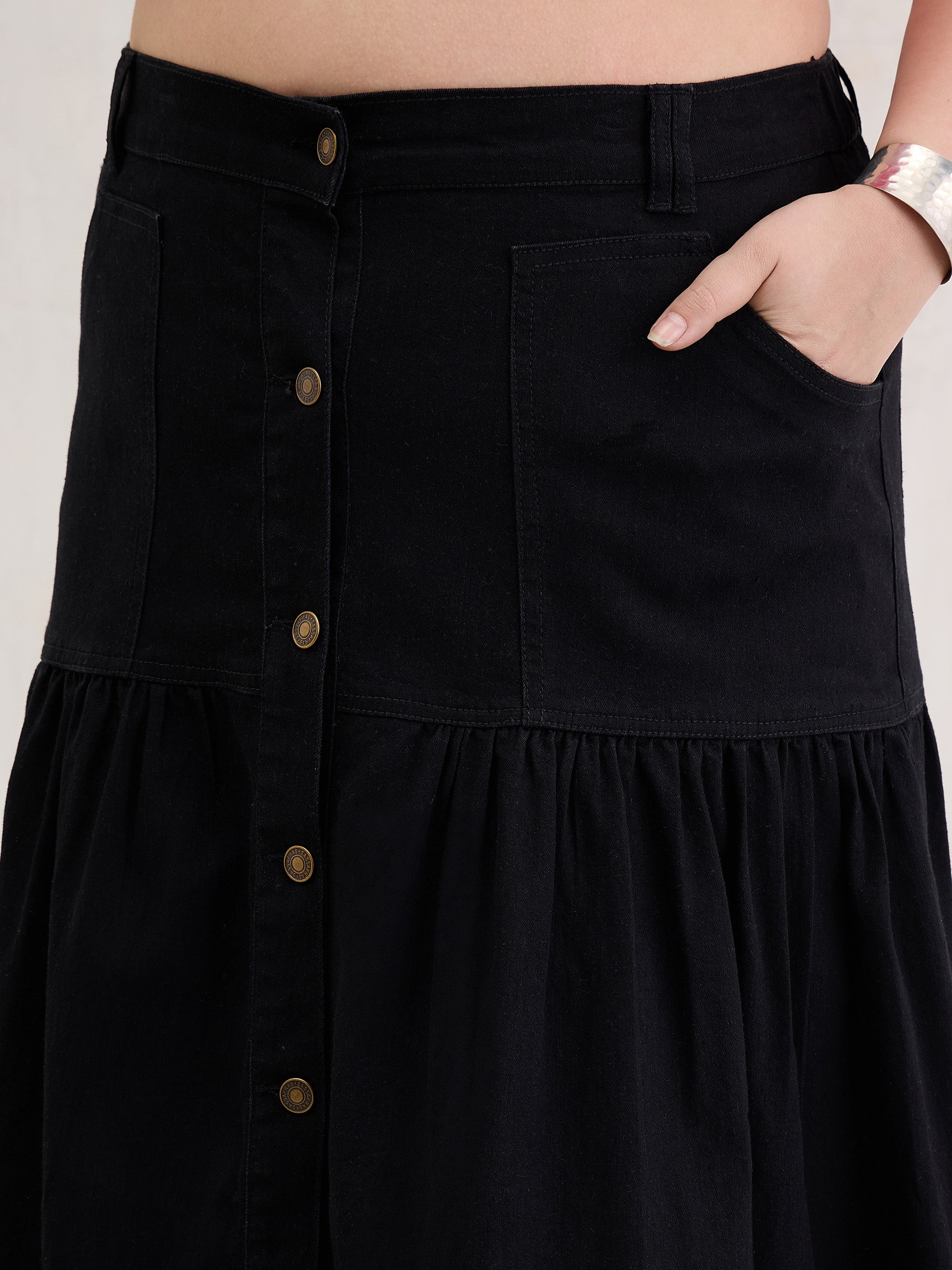 Women Black Denim Front Button Maxi Skirt-SFSKRT30543