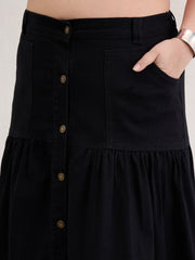 Women Black Denim Front Button Maxi Skirt-SFSKRT30543