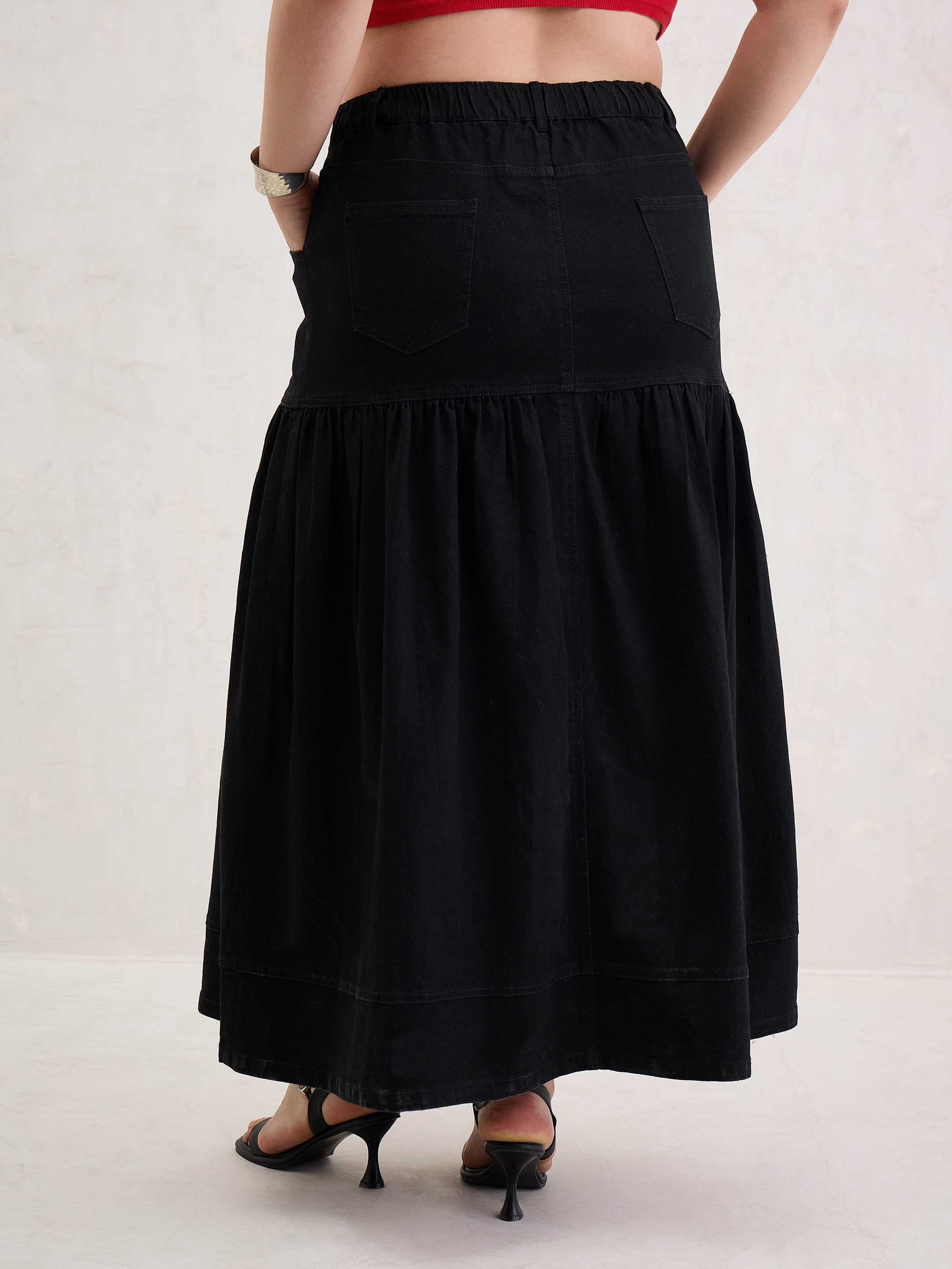Women Black Denim Front Button Maxi Skirt-SFSKRT30543