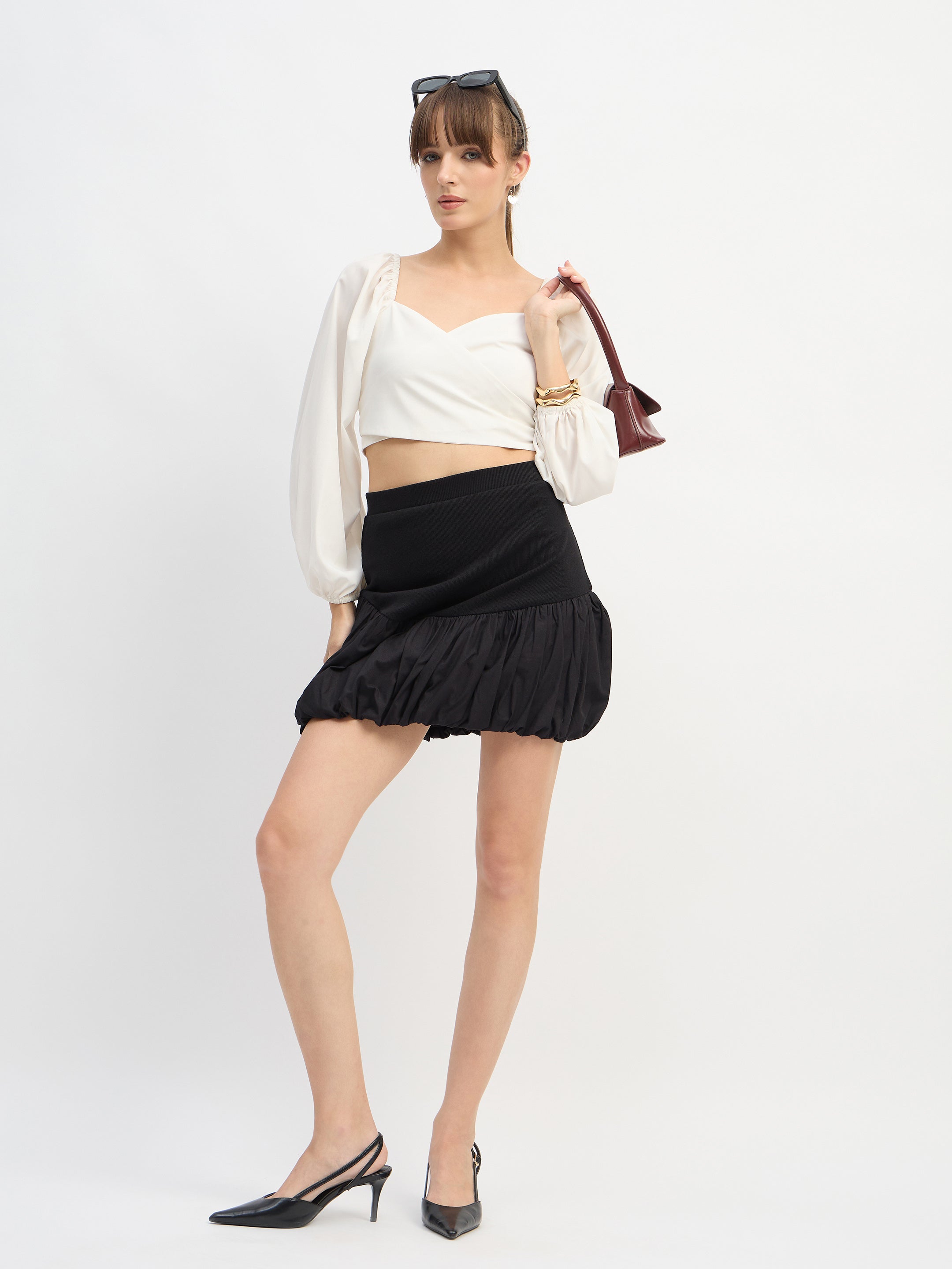 Women Black Rib Balloon Hem Mini Skirt-SFSKRT30544
