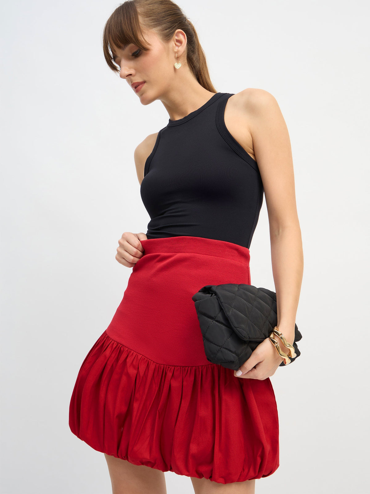 Women Red Rib Balloon Hem Mini Skirt-SFSKRT30545