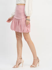 Women Pink Rib Balloon Hem Mini Skirt-SFSKRT30546