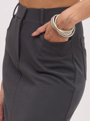 Women Dark Grey Front Slit Midi Skirt-SFSKRT30548