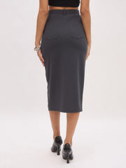 Women Dark Grey Front Slit Midi Skirt-SFSKRT30548