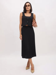 Women Black Elasticated Waist Pleated Midi Skirt-SFSKRT30549