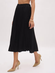Women Black Elasticated Waist Pleated Midi Skirt-SFSKRT30549