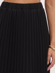 Women Black Elasticated Waist Pleated Midi Skirt-SFSKRT30549