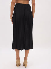 Women Black Elasticated Waist Pleated Midi Skirt-SFSKRT30549