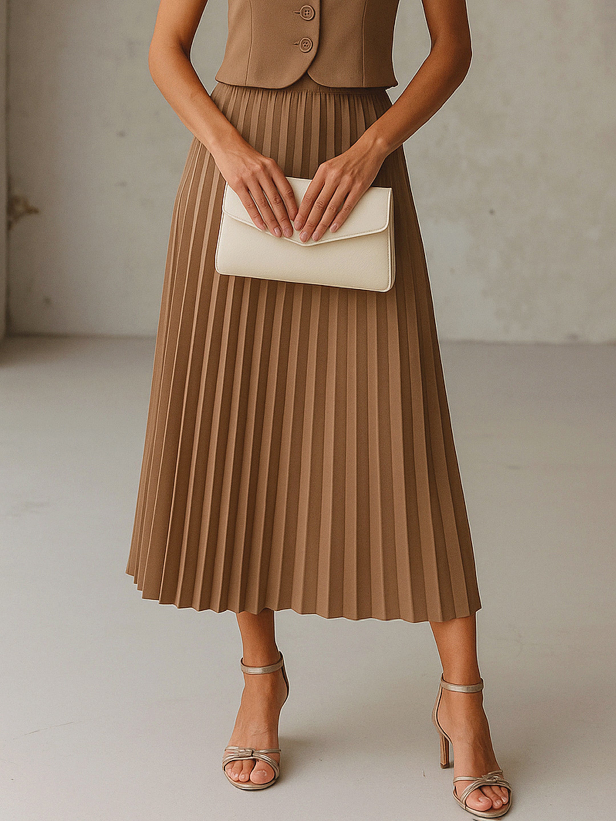 Women Dark Beige Elasticated Waist Pleated Midi Skirt-SFSKRT30550