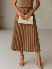 Women Dark Beige Elasticated Waist Pleated Midi Skirt-SFSKRT30550
