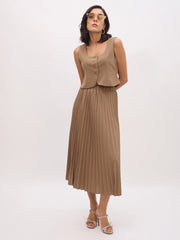 Women Dark Beige Elasticated Waist Pleated Midi Skirt-SFSKRT30550