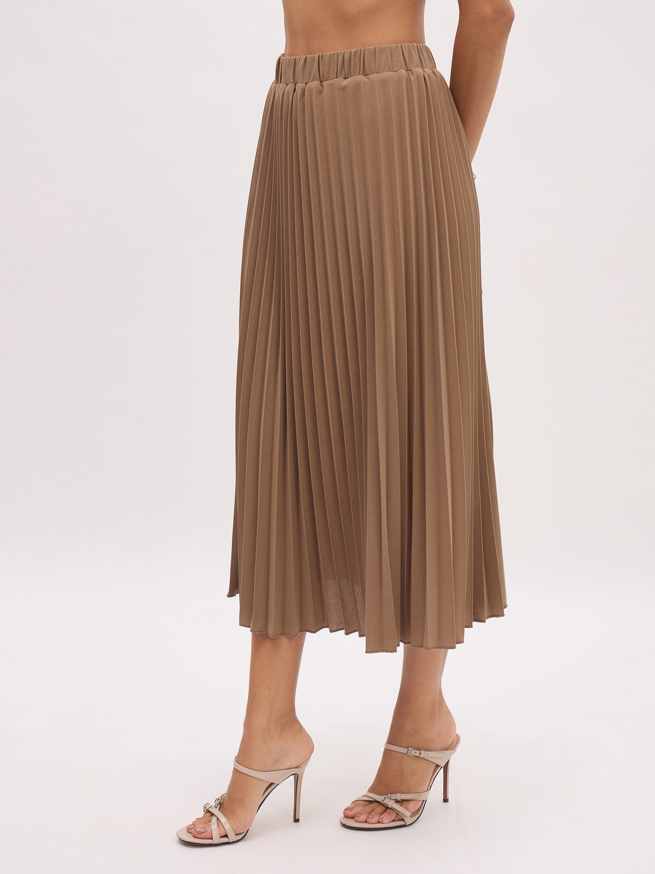 Women Dark Beige Elasticated Waist Pleated Midi Skirt-SFSKRT30550