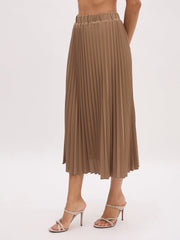 Women Dark Beige Elasticated Waist Pleated Midi Skirt-SFSKRT30550