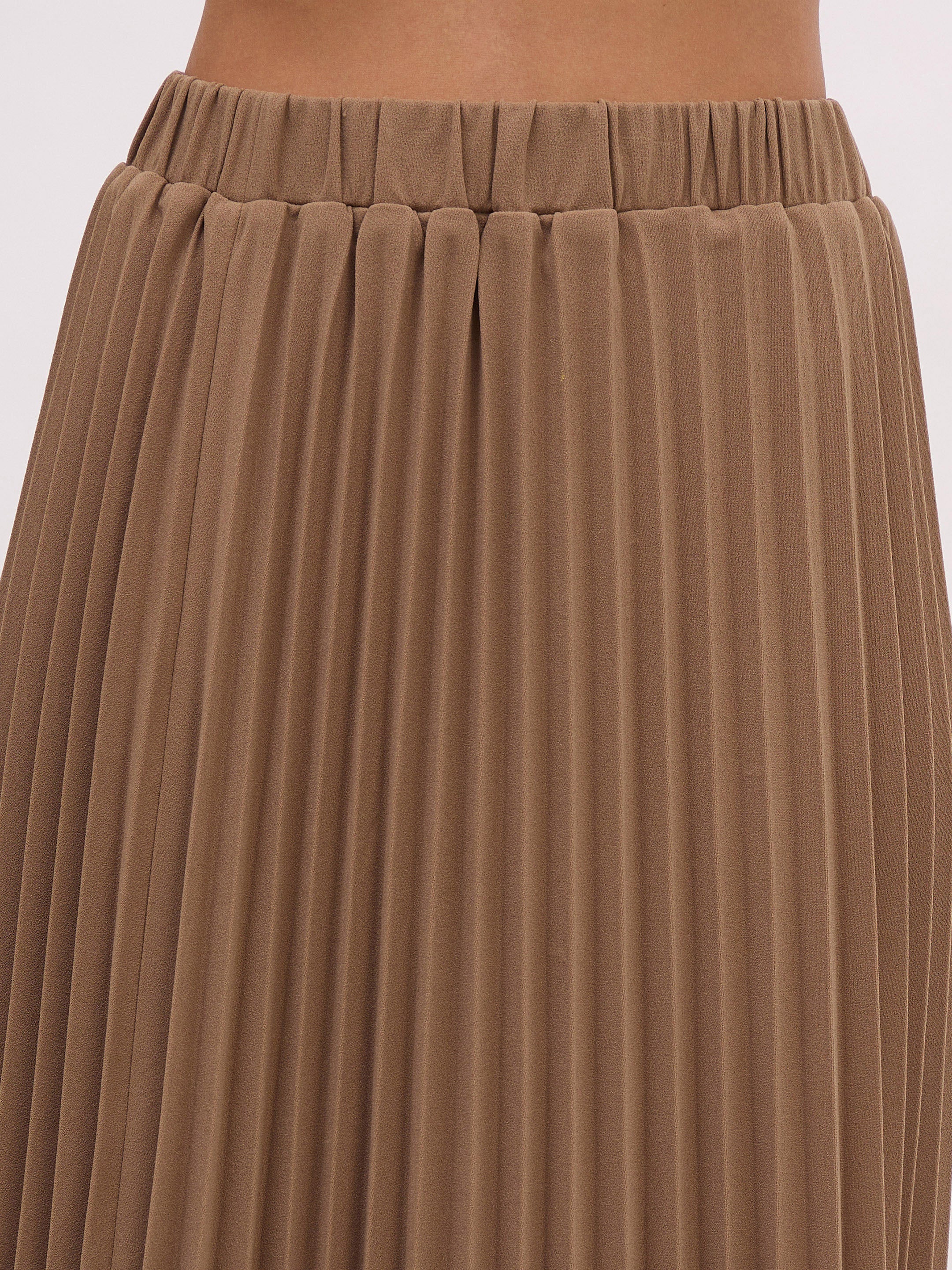 Women Dark Beige Elasticated Waist Pleated Midi Skirt-SFSKRT30550