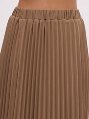 Women Dark Beige Elasticated Waist Pleated Midi Skirt-SFSKRT30550